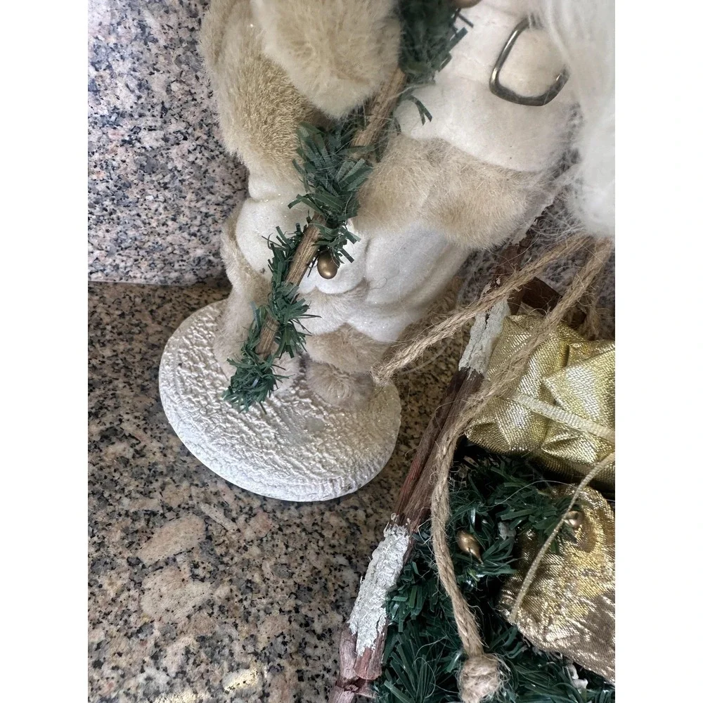 VTG Santa Claus Christmas Figurine White Coat With Sleigh Gifts‎ Tabletop Decor
